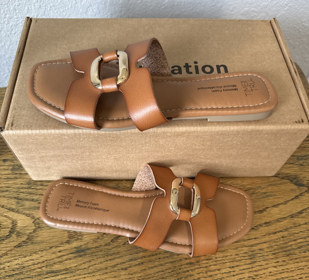 Time and Tru Women's Flat Slides Sandal Size 7 Cognac Summer Casual Vacation